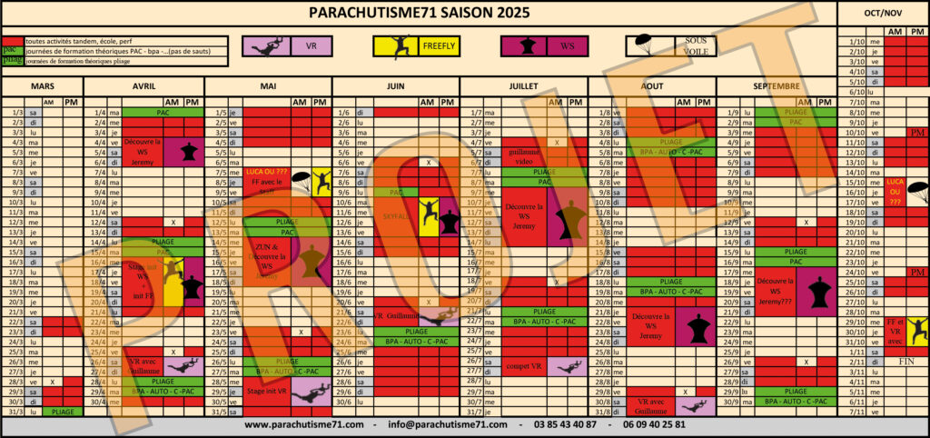 planning parachutisme 71 saison 2025