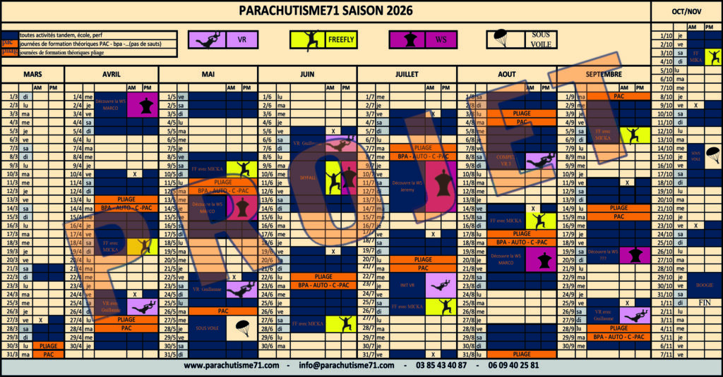 Le planning 2026 du parachutisme en Bourgogne Parachutisme 71